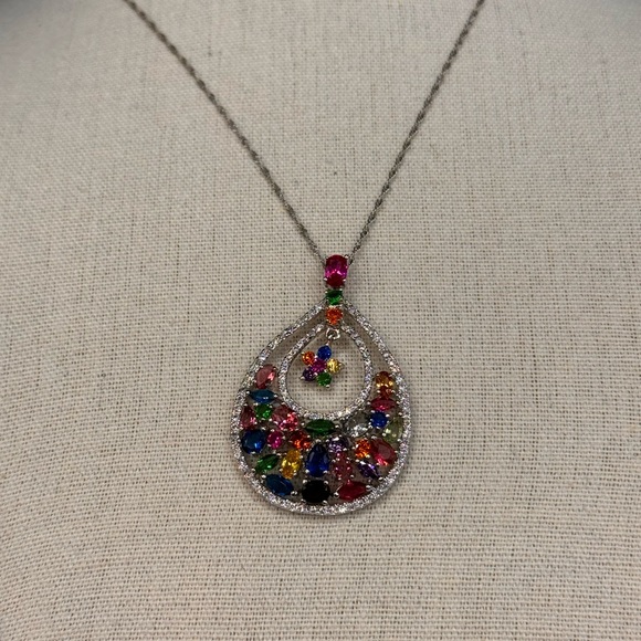 Platinum Plated Sterling Silver pendant with cubic zirconia & multicoloured gems - Picture 8 of 13